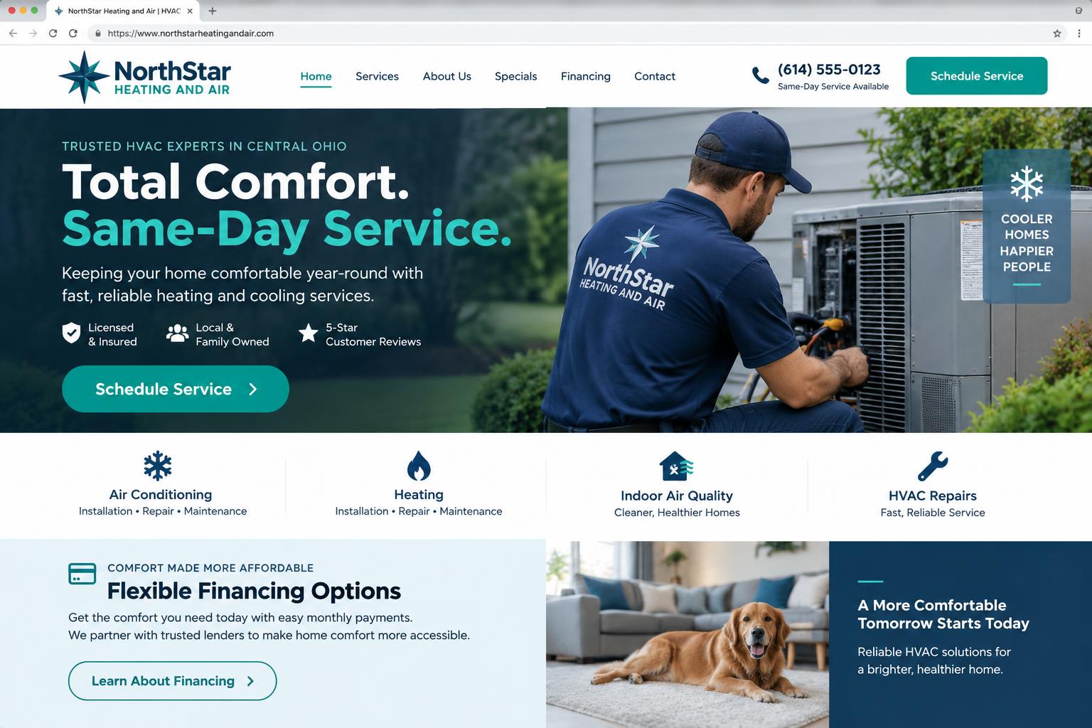 Concept website for a local heating and air company with scheduling and financing information