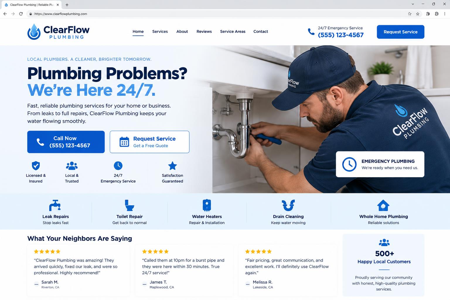 Concept website for a local plumbing company with emergency service and request-service options