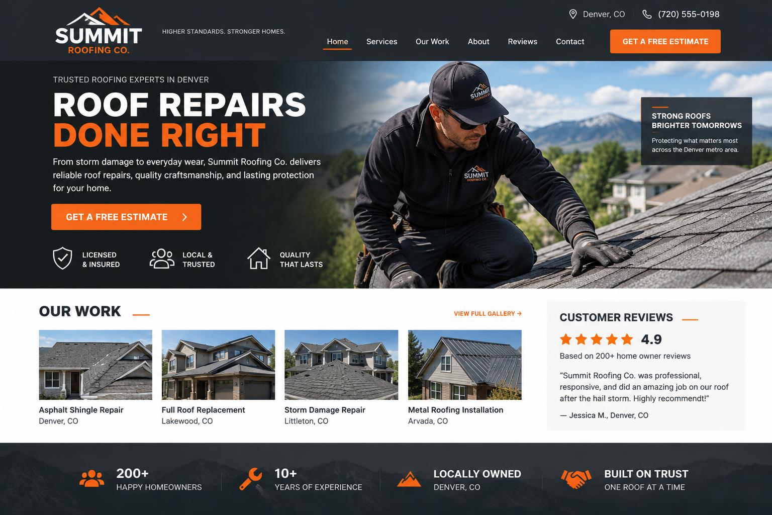 Concept website for a local roofing company with project gallery and free estimate call to action