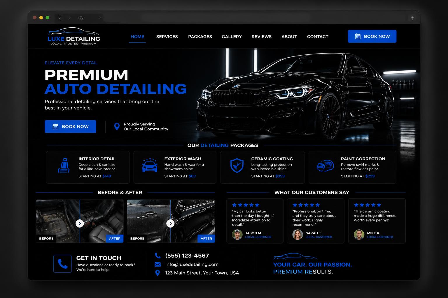 Concept website for a local car detailing business with packages, booking, and before-and-after gallery
